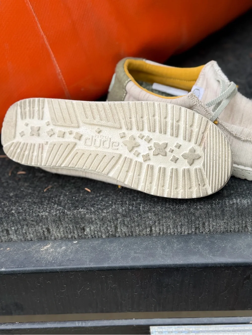 Hey Dude Beige Canvas Slip-On Shoes with Olive Laces and Yellow Trim size 2